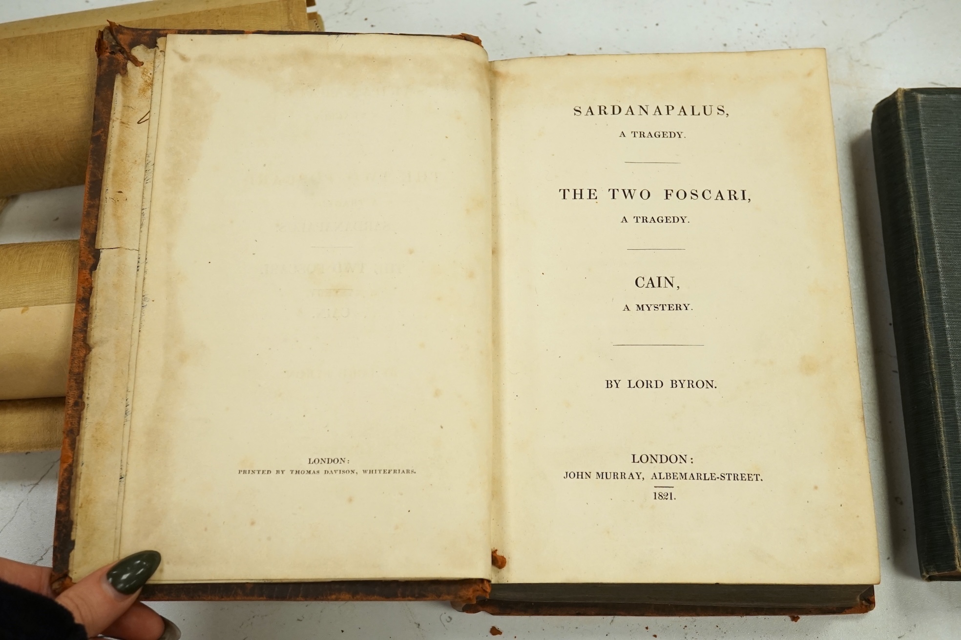 Five assorted books and a photograph album - A.A. Milne - When We Were Very Young, Sardanapalus, A Tragedy, The Two Foscari, A Tragedy and Cain, A Mystery by Lord Byron, Wuthering Heights by Emily Brontë, Childe Harold’s